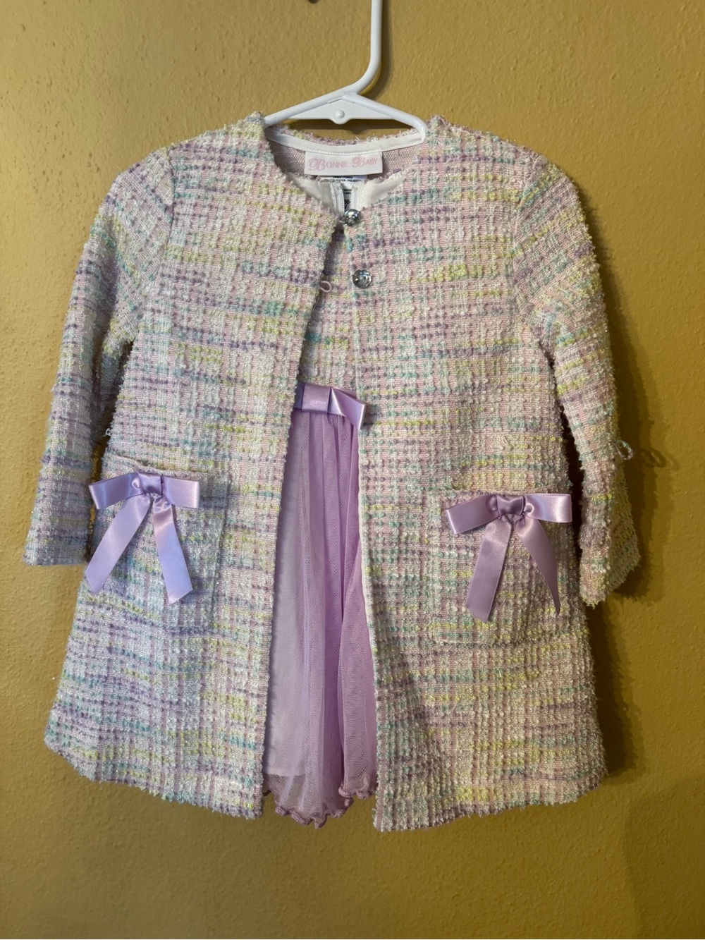 Bonnie Baby Pastel Tweed Girls' Jacket with Lavender Bow